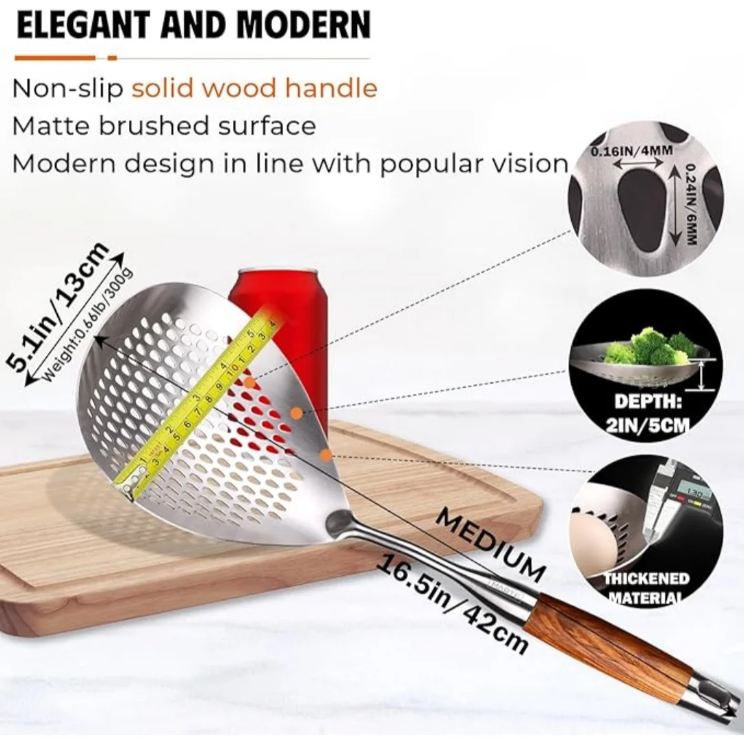 Large Stainless Steel Slotted Spoon - Wooden Handle Skimmer Spoon for Draining Pasta, Noodles, Fried Foods & Hot Pot