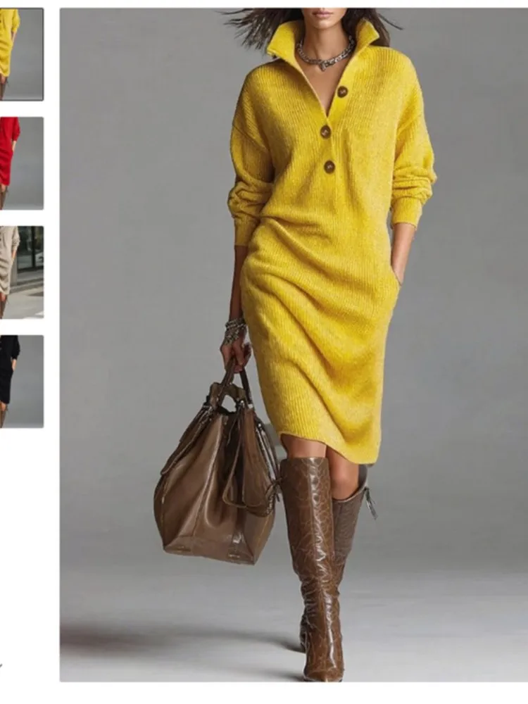 Herfst Mode Gebreide Knop Revers Vrouwen Jurk Casual Losse Zak Luie Rechte Over De Knie Lange Mouw Trui Vrouwelijke Jurk