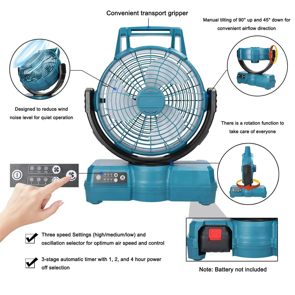 Imagem -05 - Ventilador sem Fio Portátil para Makita Engrenagens de Vento Ajustáveis Bateria 20v Rotatable Summer Fans Funções de Ajuste do Tempo Long Time Use