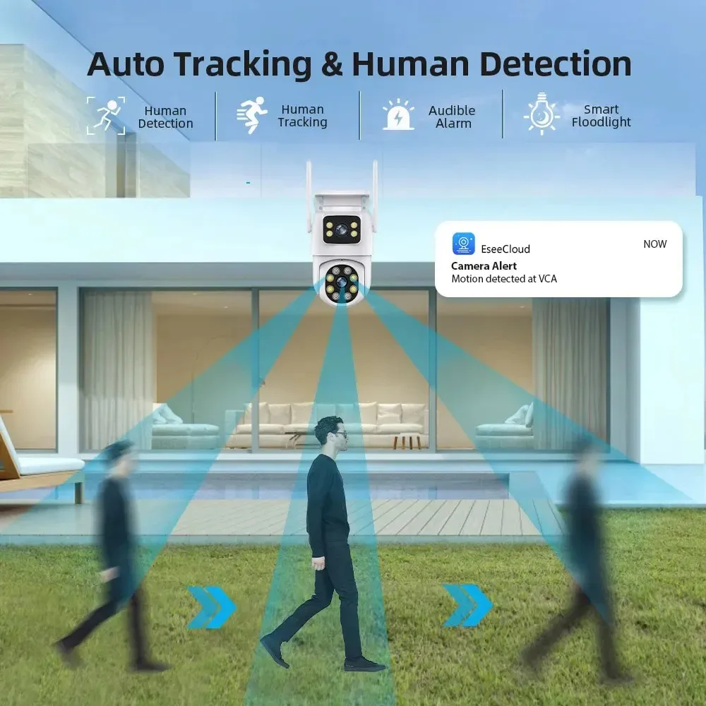4K 8MP PTZ WIFI Kamera, Çift Lensli Çift Ekranlı IP Kamera, 4MP HD Otomatik Takip Dış Mekan CCTV Koruma Gözetim, Uygulama: EseeCloud