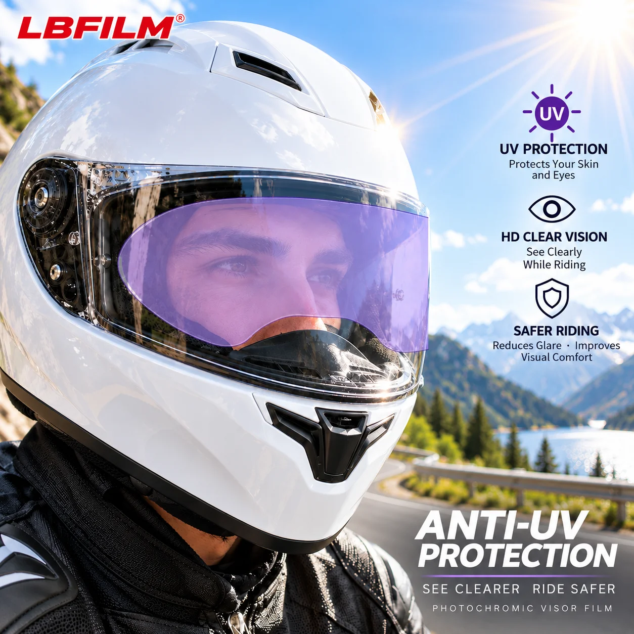 LBFILM Motorcycle Helmet Photochromic Visor Film — UV-Activated Color-Changing (Purple), High-Definition Transparent Protection