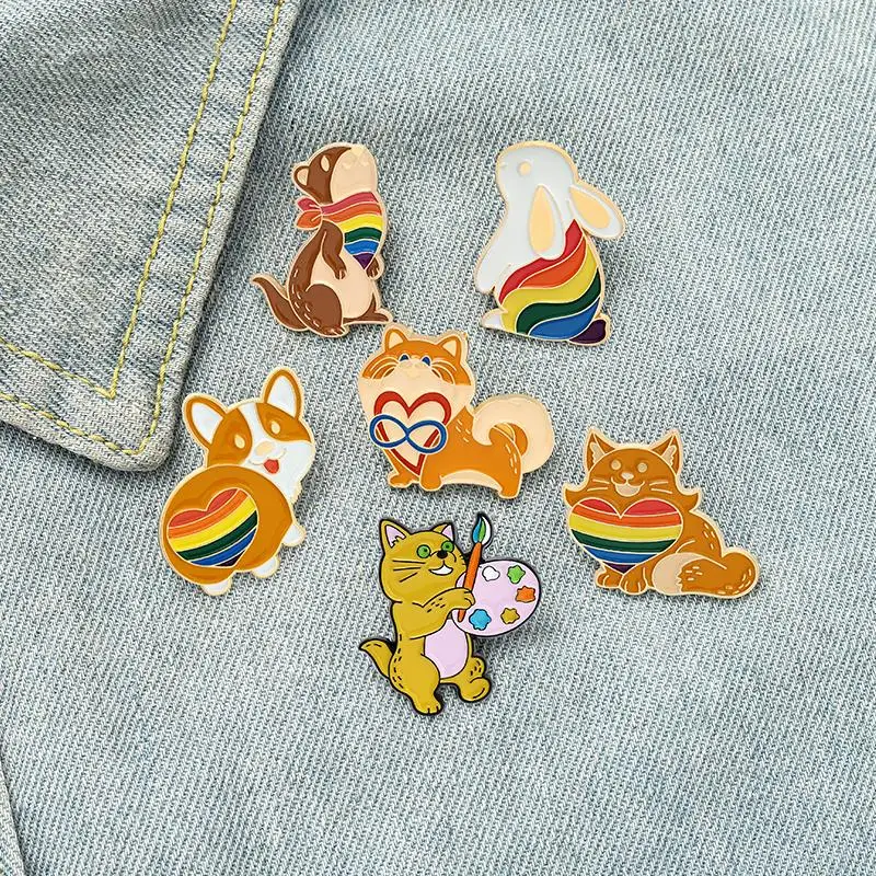 Rainbow Heart Animals Enamel Pin Custom Cat Rabbit Corgi Squirrel Brooches Bag Lapel Pin Badge Jewelry Gift for Friends