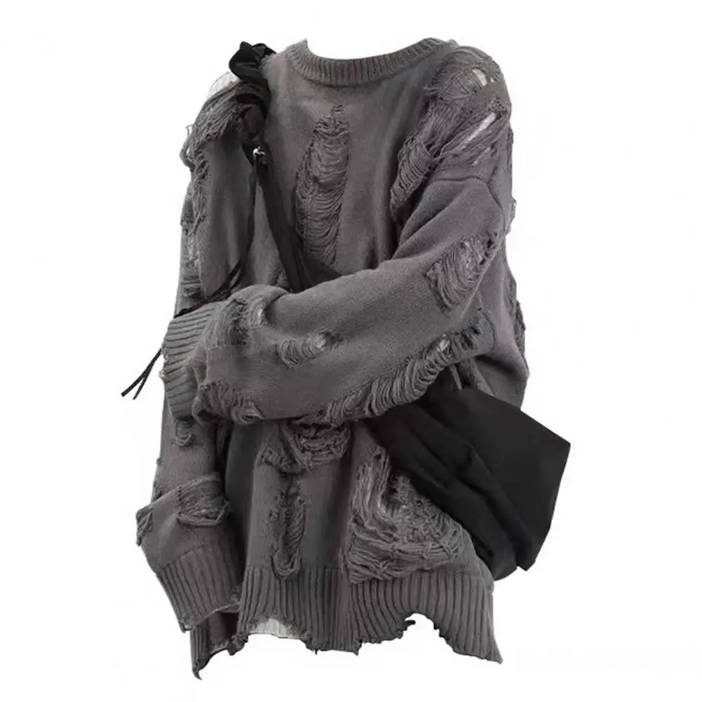 

Ripped Hole Sweater Streetwear Men's Sweater Ripped Two-piece Design Hollow Out Knitted Warm Stylish for Fall/winter Fashion
