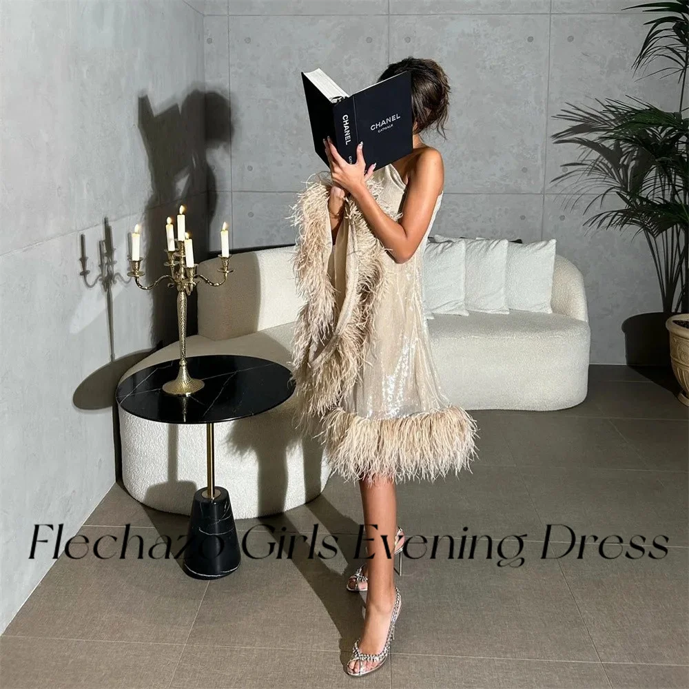 Flechazo Sparkle Cocktail Dresses One Shoulder Feathers Knee-Length Formal Evening Party Dress For Women 2024 vestidos de fiesta