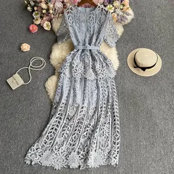 Vestido Fashion A Line Elegant O Neck Y2k Lace High Waisted Women Chic Female Ladies Casual Party Hollow Out Floral Pink Dress