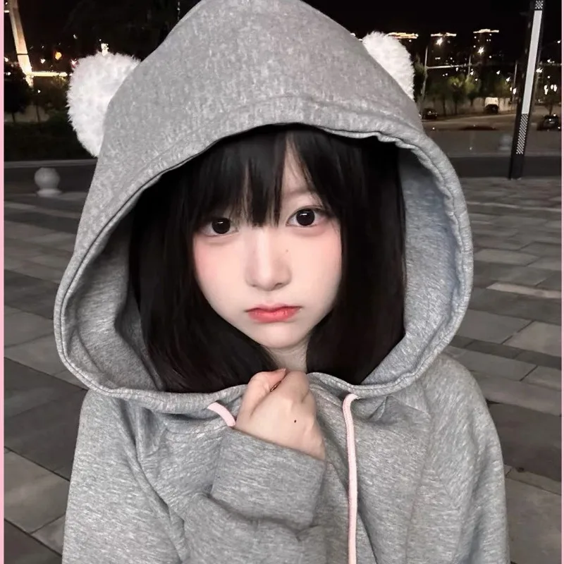 Y2k Women\'s Hoodie Jacket Cute Sweet Kawaii Cat Bow Tie Strap Plush Cardigan Jacket Hooded Sweatshirt Ins Pocket Zipper Coats