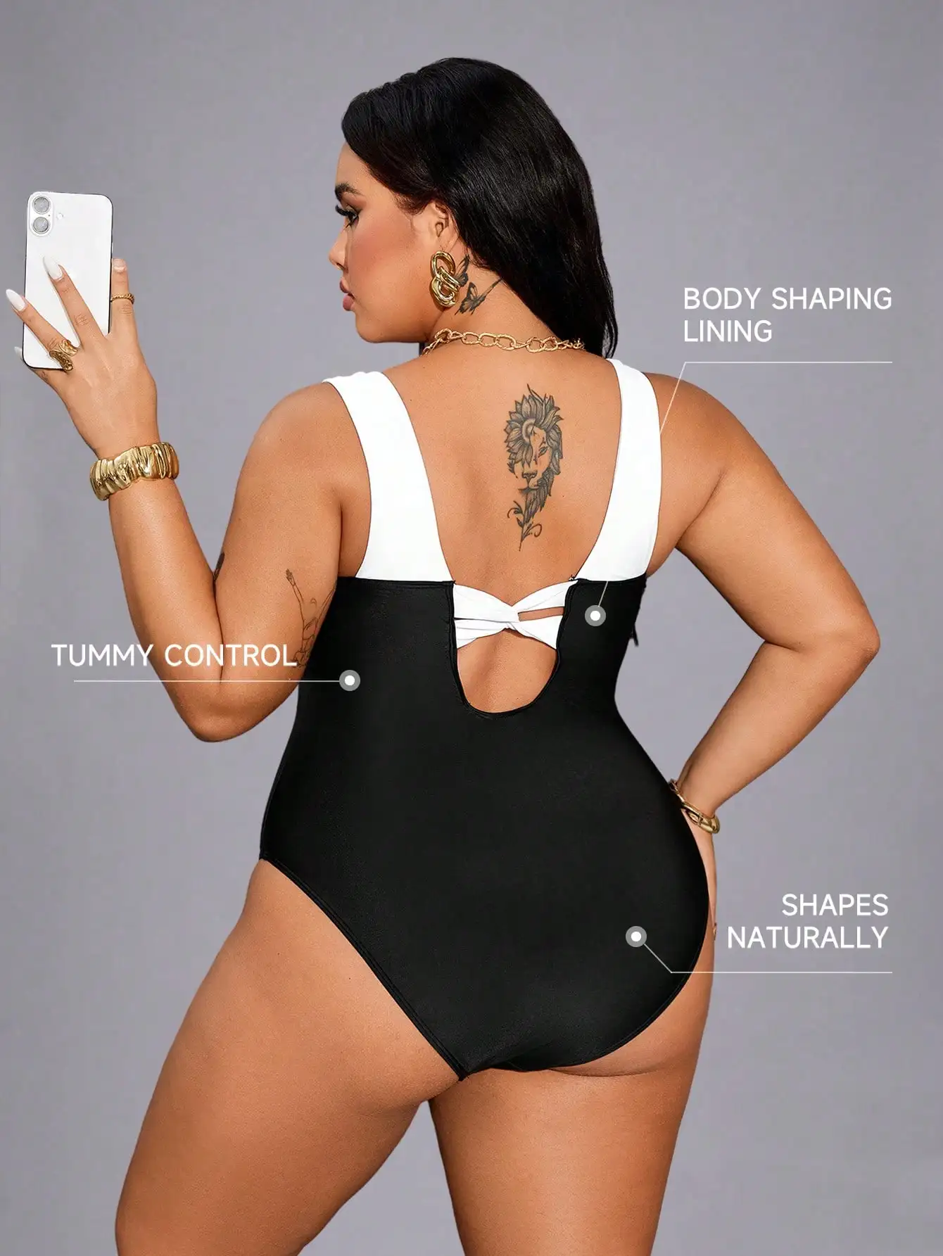 

Элегантный слитный купальник больших размеров черно-белого цвета с вырезом на спине, эффектом коррекции живота и естественной коррекции формы для пляжа