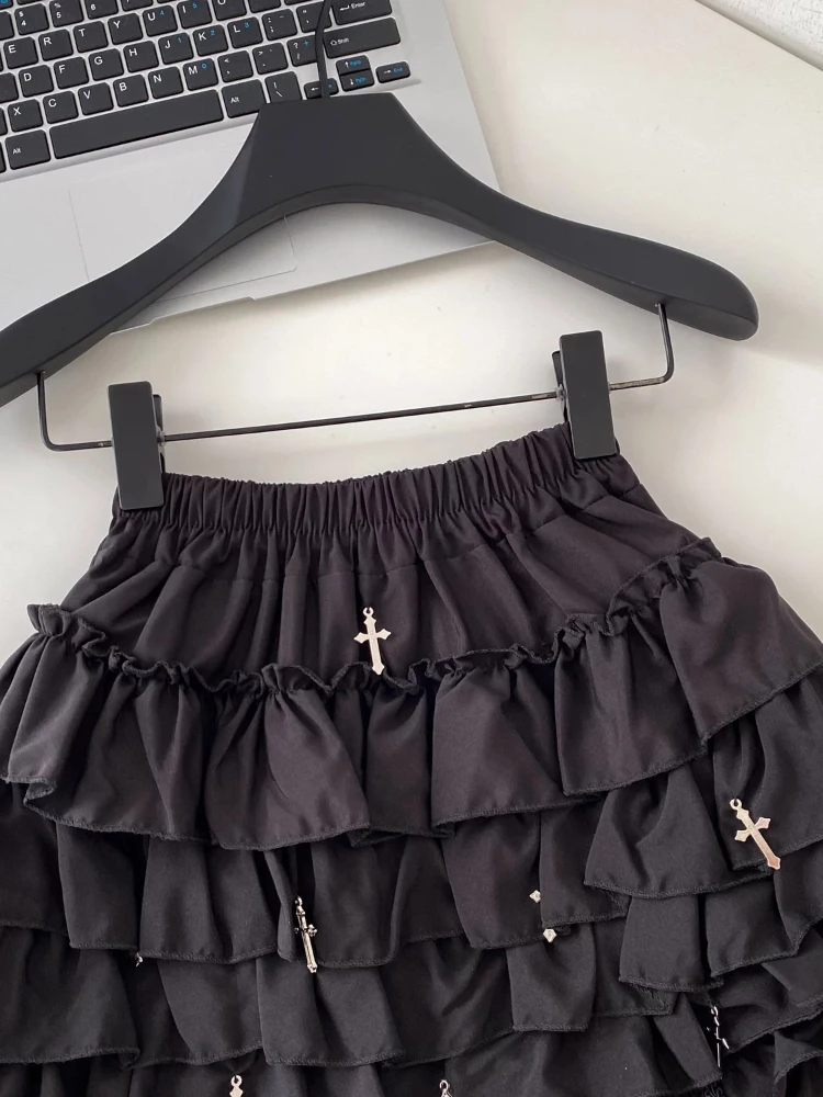 Skirt Gothic Black Cross Elegant Charming Beautiful Tiered  Summer High Waist A Line Mini Punk Style Multi Layer Puffy Dress