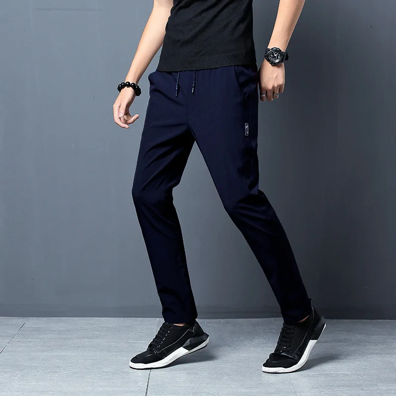 2024 New Trend Minimalist Men\'s Autumn Winter Solid Color Elastic Pocket Korean Thick Versatile Sports 9-point Casual Pants