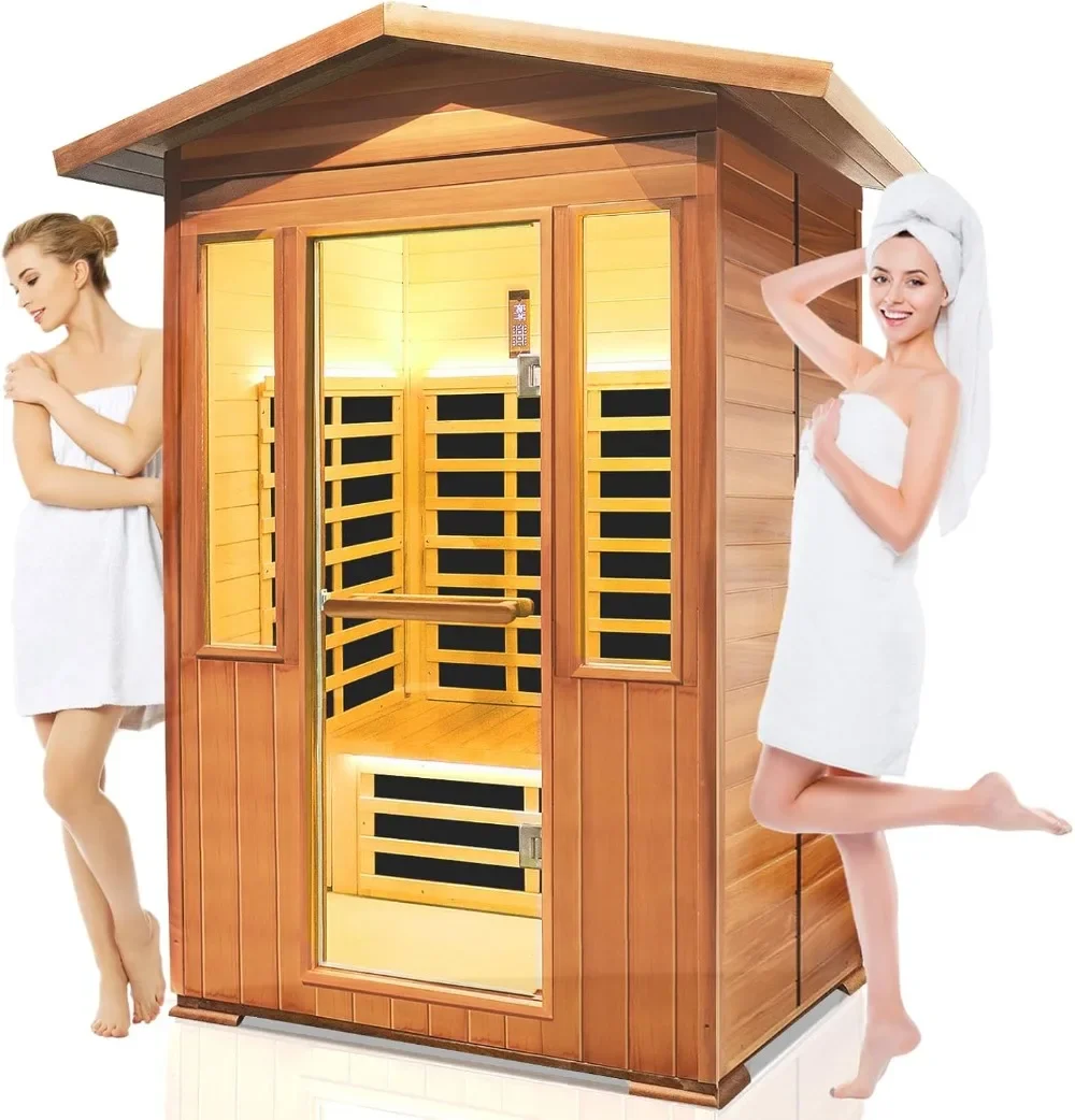 

Sauna, Outdoor Sauna 2 Person Inner Board Hemlock Wood/Outer Board Red Cedar 8 Heating Panels 1800W Infrared Sauna for Home