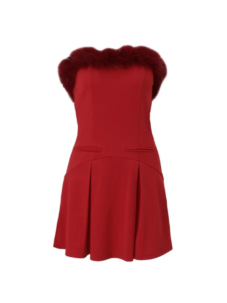 Moda sexy estilo vermelho vestido sem alças feminino outono vintage fino ajuste pele guarnição bustier bodycon mini vestido elegante roupa de festa