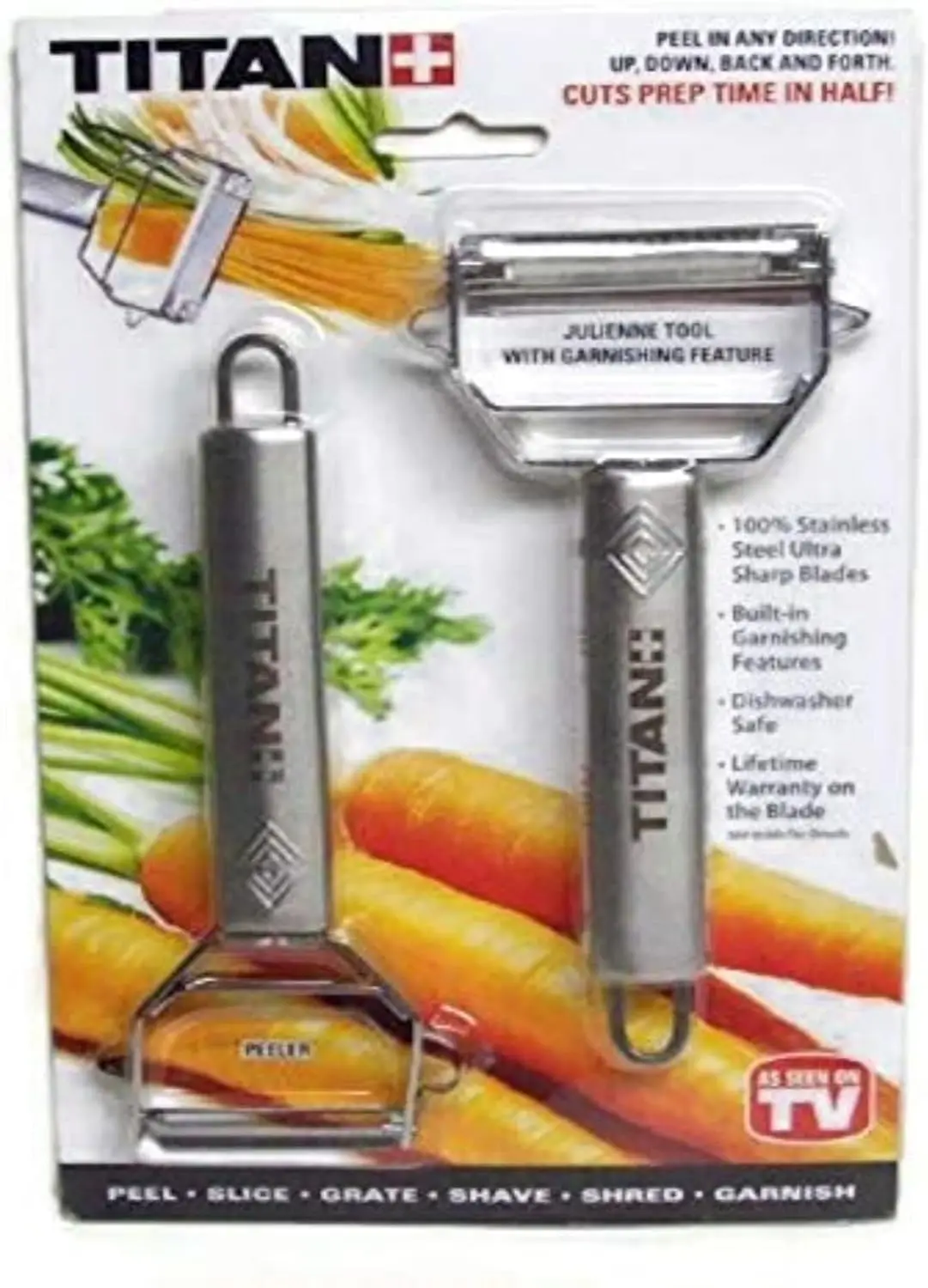 

Stainless Steel Vegetable Peeler with Julienne and Garnish Features - Kitchen Slicer Shredder Cutter