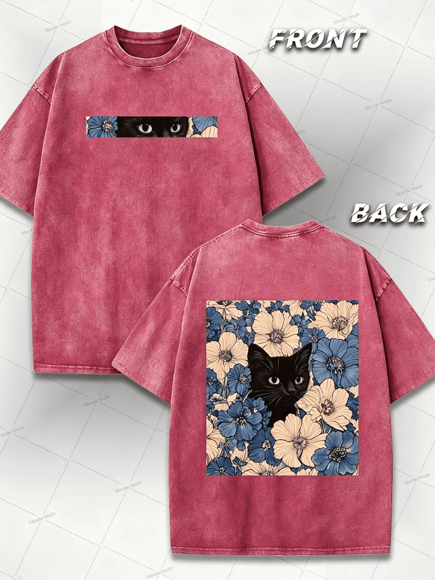 Black Cat Floral Pattern Fun Printing Retro Washed Pure Cotton T-shirt Yk Style American Street Style Wear & Gifting (230g Heavy Pure Cotton Wash)
