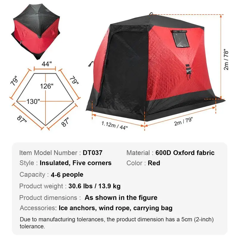 Portable ice fishing tent, pop-up tent for ice fishing for 4-6 people, fishing tent made of 600D Oxford fabric, angler's umbrella, ice hut for winter fishing, tent with anchors/rope/carrying bag, 3.3 x 3.3 x 2 m view 2