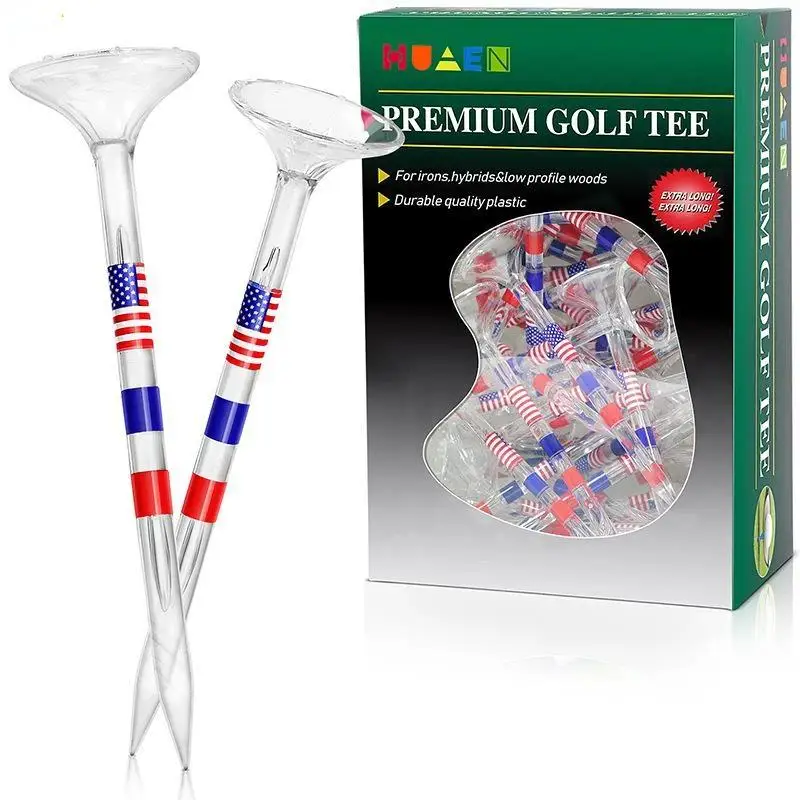 10Pcs Long Golf Tees Bulk Unbreakable 83mm Transparent USA American Flag Reduces Friction And Side Spin Golf Accessories