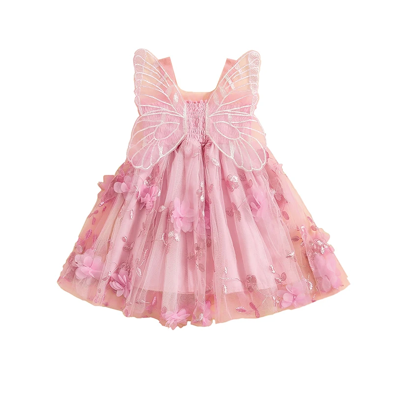 

Baby Girl Lined Tulle Dress with 3D Flowers Butterfly Wing Decor Summer Toddler Sleeveless A-Line Princess Dress