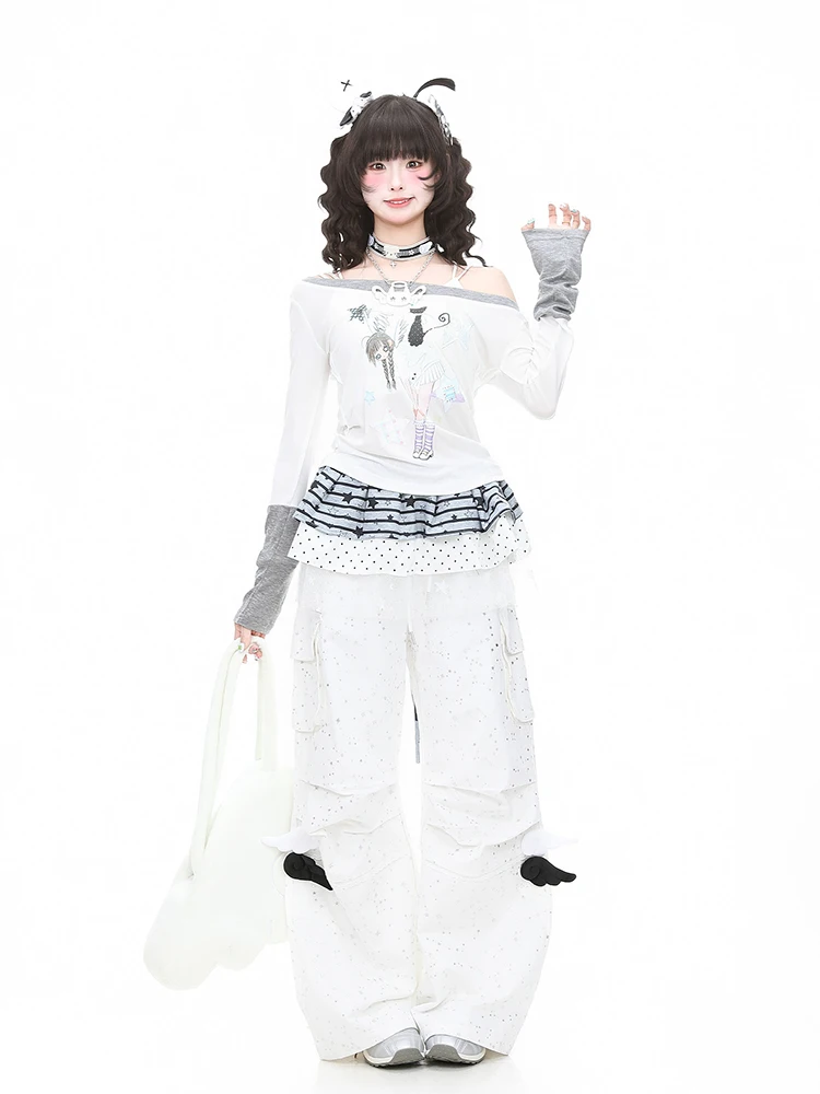 REDDACHiC Cutecore Women Baggy Work Pants Lounge White Star Sequin Drawstring Low Waist Pleat Cargo Parachute Pants Y2K Bottoms