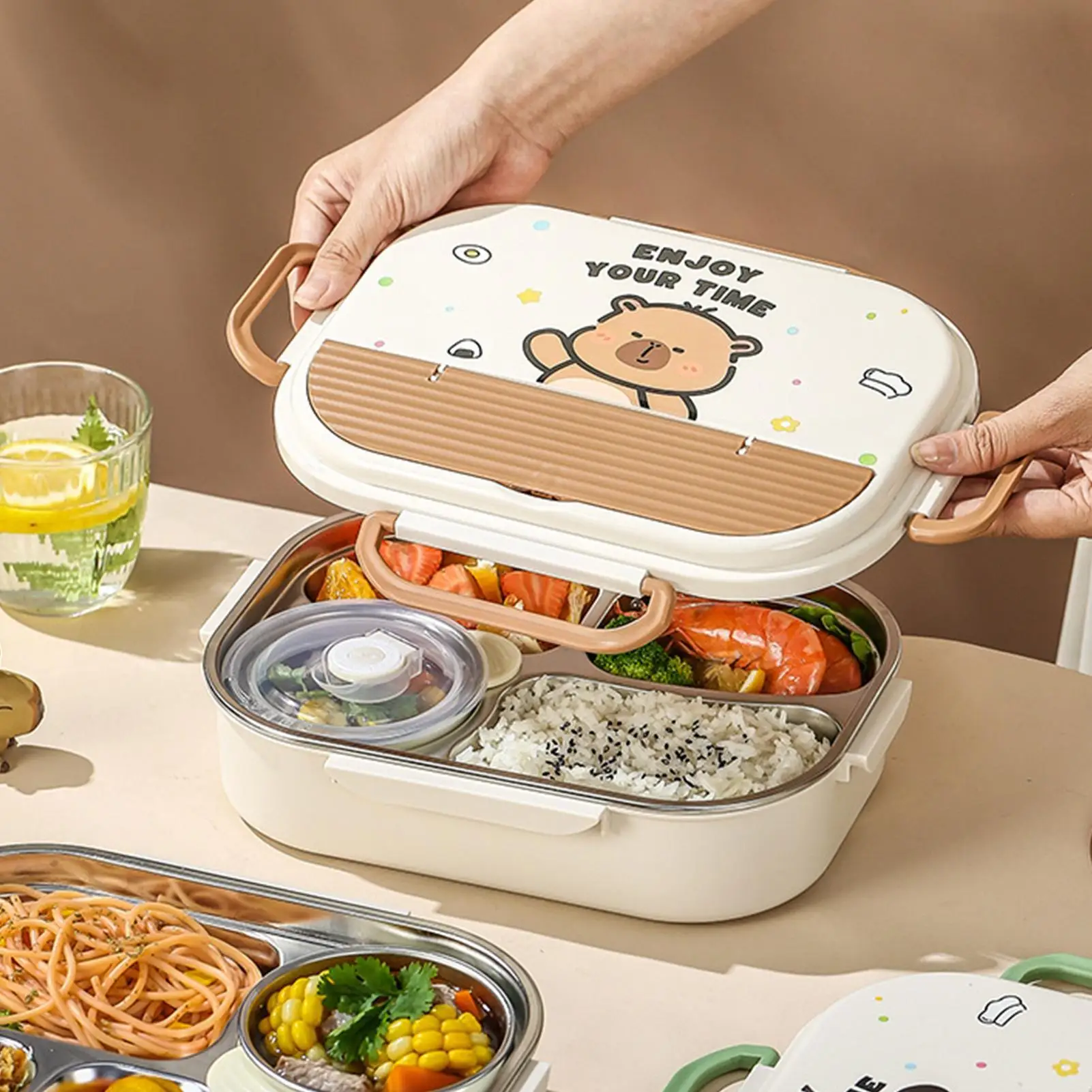 

Kids Lunch Box Stainless Steel Containers with Lids and Cutlery Portable Microwave-Safe Food Storage Box with Carry Bag