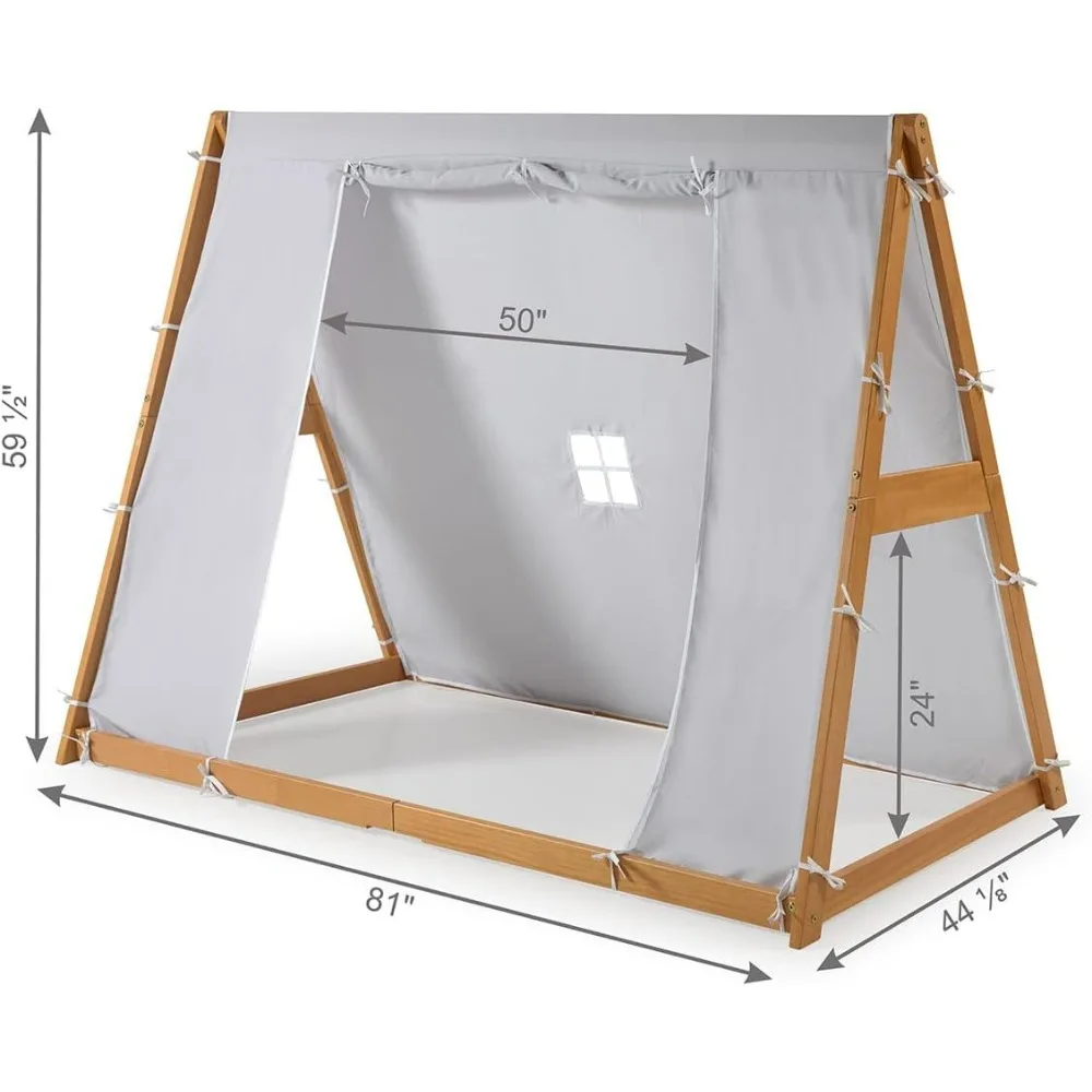 Tent Twin Floor Bed - Natural or White Frame, Grey, Children’s Bedroom Furniture … (Natural Frame)