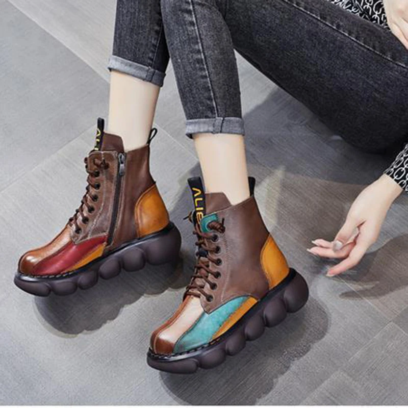 2024 Autumn Mixed Color Shoes Women Boot Fashion Round Toe Lace Up Retro Handmade Casual Platform Ankle Boots Ladies Short Boots