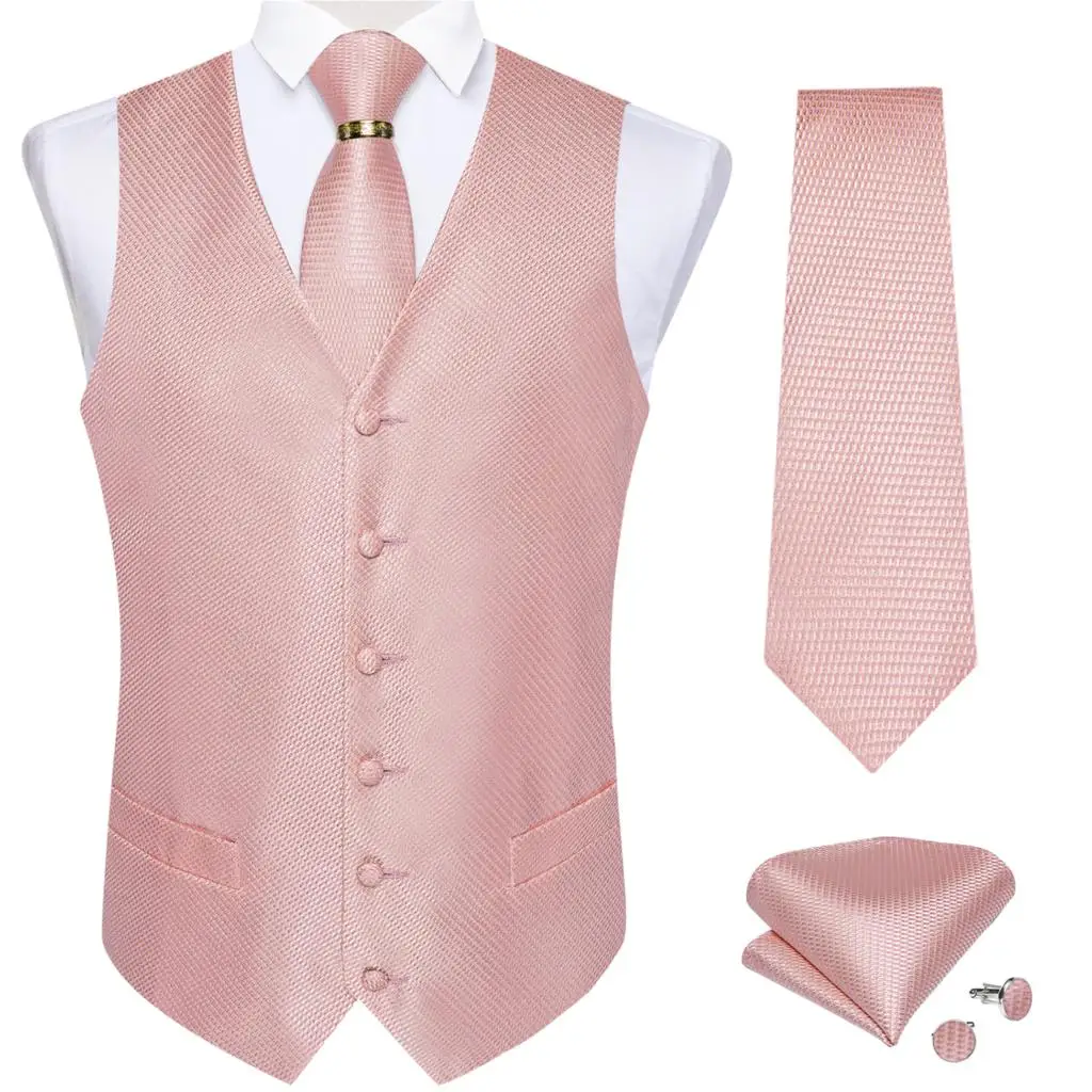 Men\'s Suit Vest Pink Solid Wedding Party Men Waistcoat Neck Tie Set With Gold Dragon Ring Casual Slim Fit Sleeveless Vest