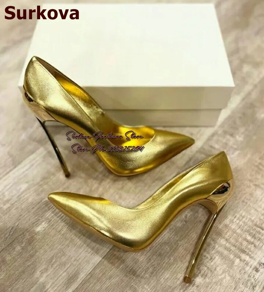 Surkova Gold Silver Metal Blade Heel Pointed Toe Pumps Pink Blue Stilettos Shallow Wedding Shoes Slip-on Party Footwear