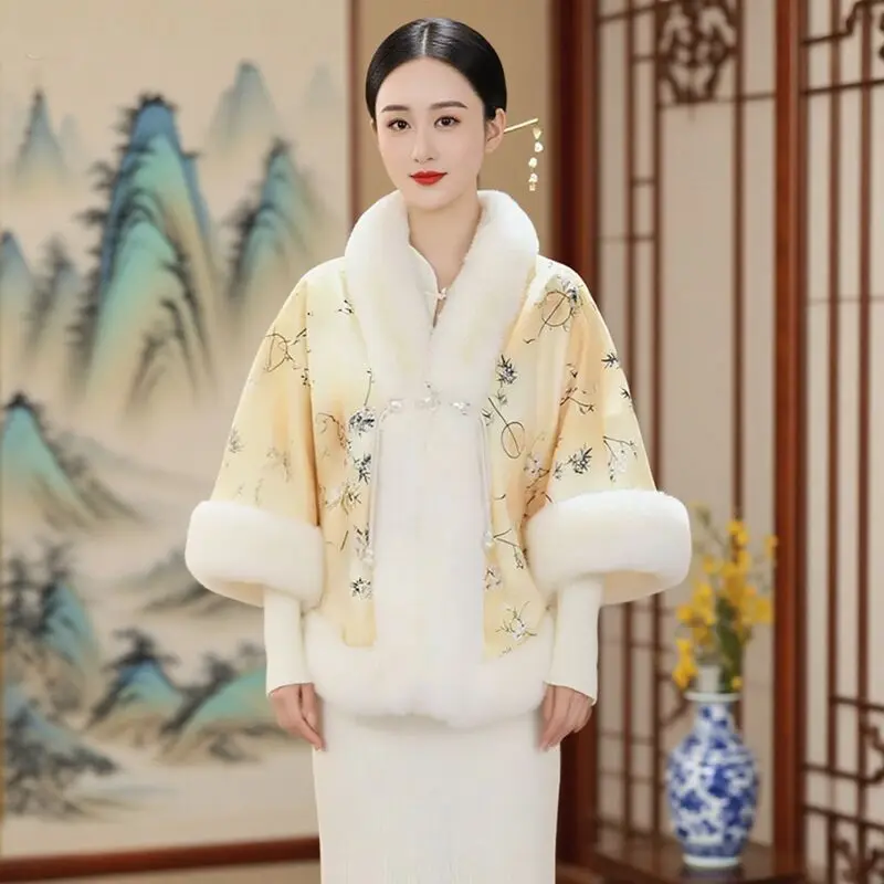 Elegant Chinese Style Floral Print Faux Fur Cape Women Winter Knit Jacquard Shawl Coat Fleece Edge Cloak Thicken Button Poncho