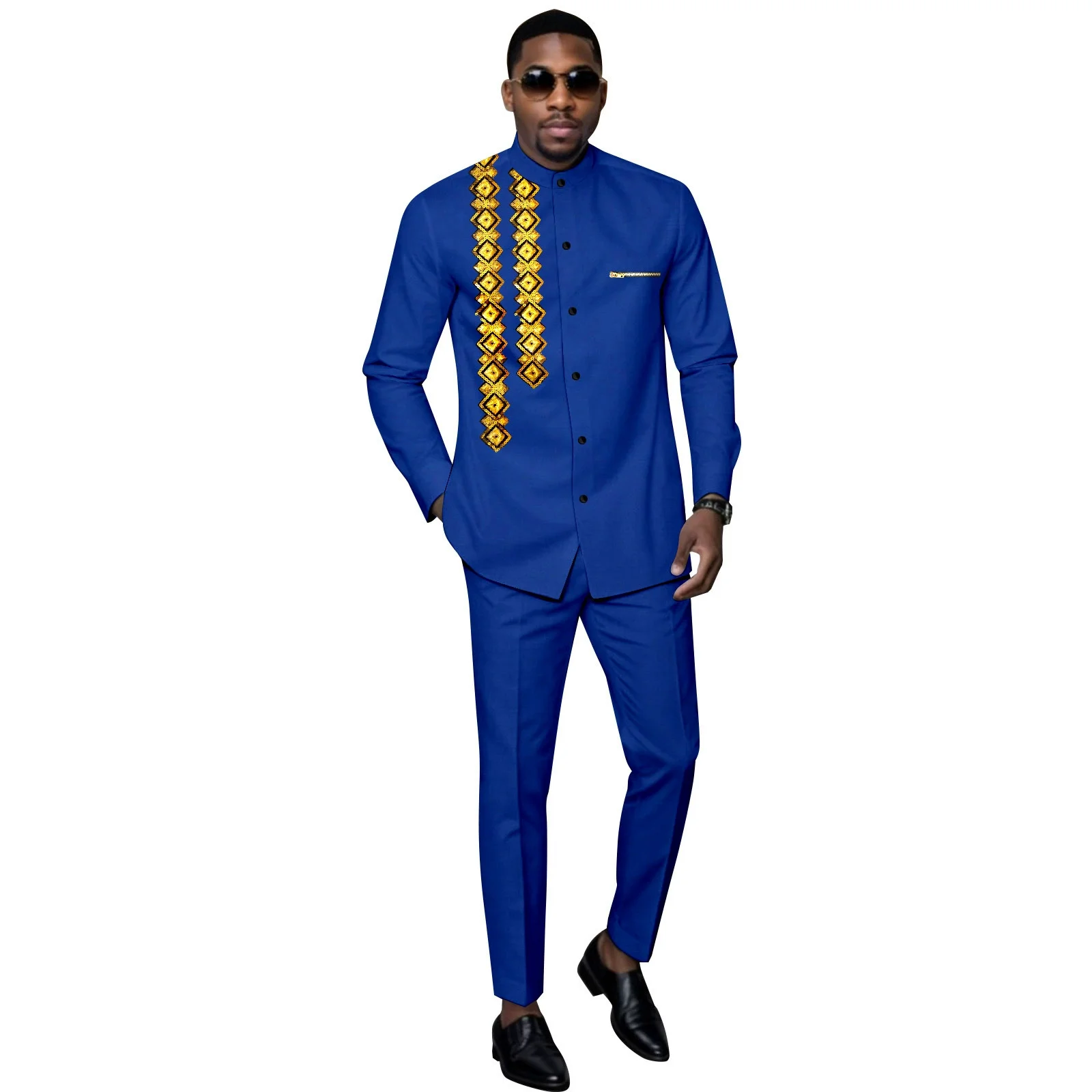 Sale Fashion New Men's Traditional African Clothing with Gold Embroidery and Printed Design - Shirt and Pants Set