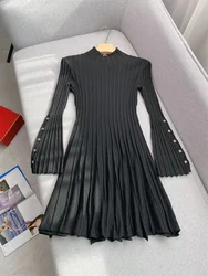 Autumn Winter New Black Knit Dress Women Fashion Pit Stripe Long Flared Sleeve Elegant Slim Stand Collar Mini Robe Ladies