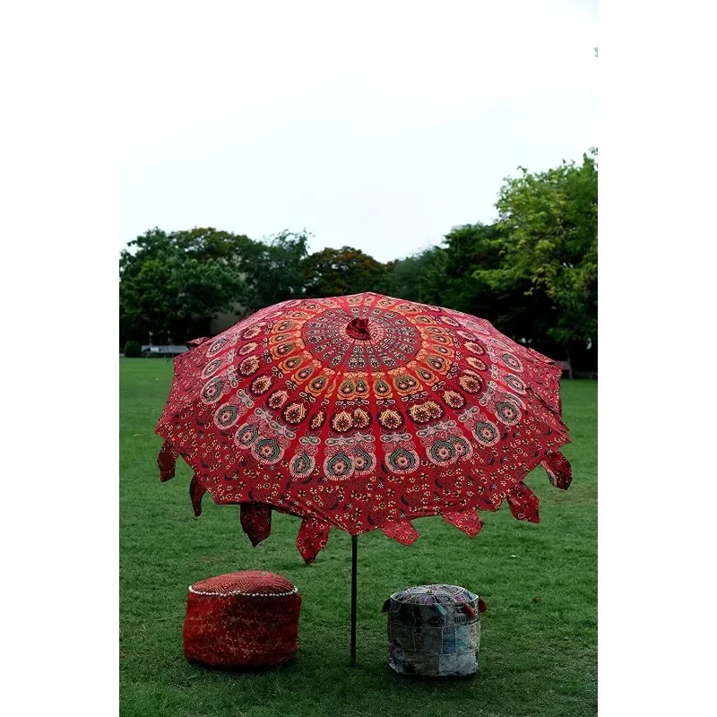 Indian Garden Umbrella Red Ombre Mandala Cotton Terrace Outdoor Large Sunshade Umbrella （Base Stand Not Include）