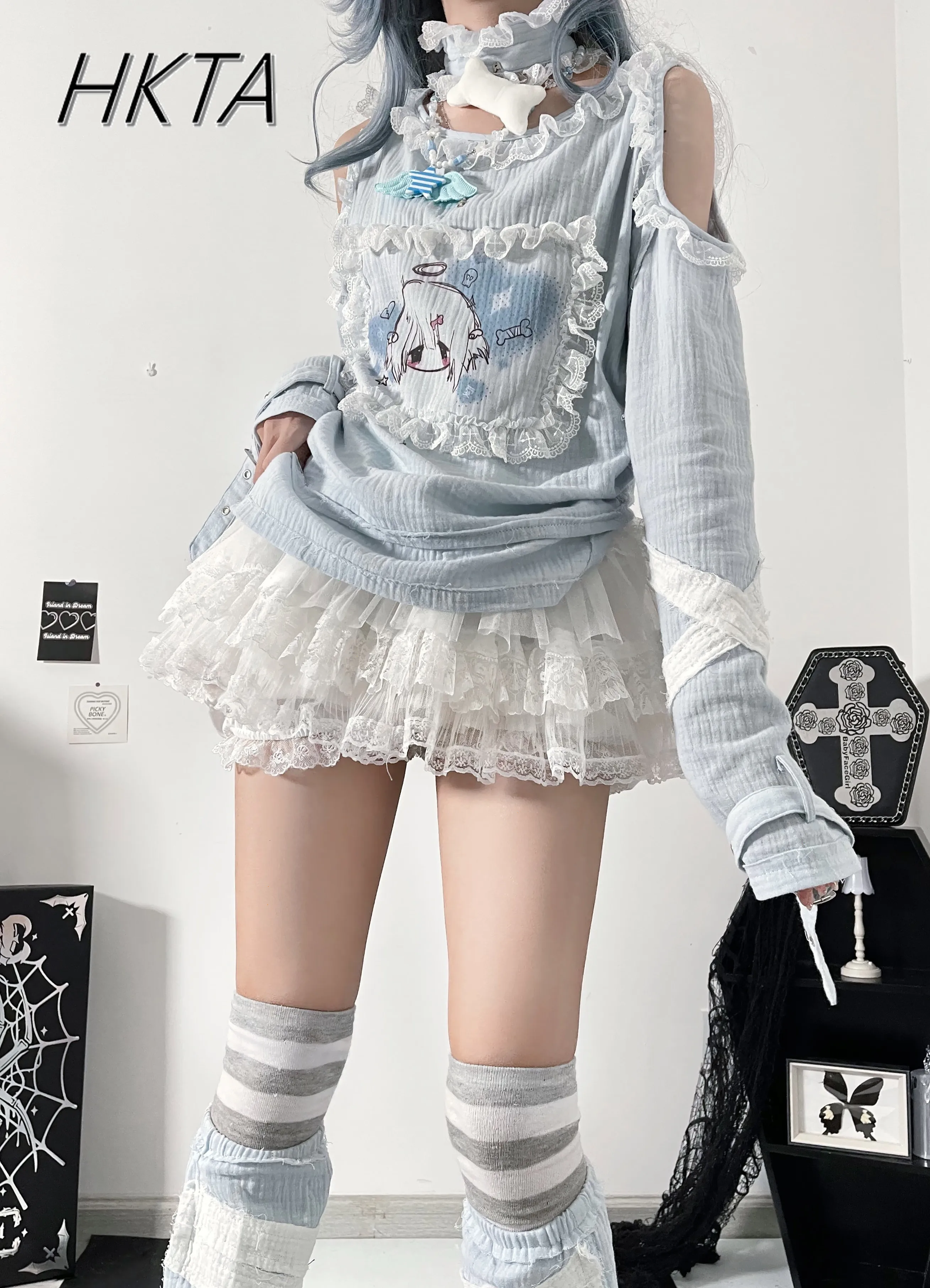 Subculture Dark Print Pullover Off Shoulder Lace Slim Top T-shirt Women Spring Sweet Cartoon Hot Girl Gothic T Shirts Female