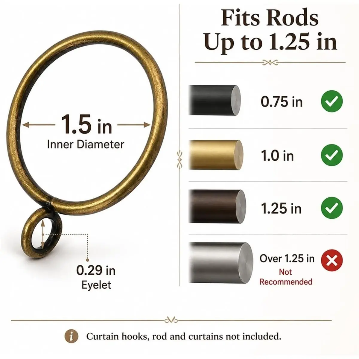 60 Pack Bronze Curtain Rings with Eyelets, 1.5 Inch Inner Diameter Metal Drapery Rings for Pleat Curtains,Drape Ring