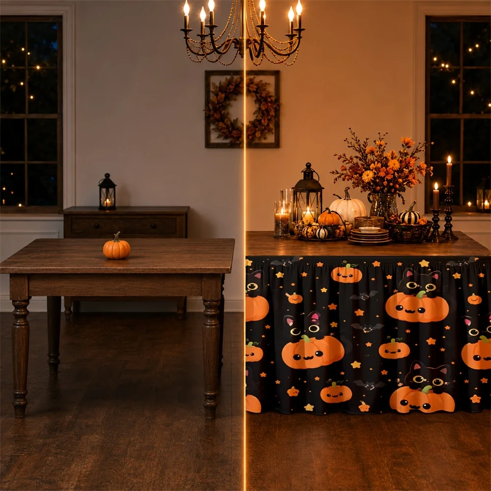 Party table skirt 1 piece - Halloween pumpkin cat star bat pattern - Polyester festive scary cute playful imaginativexzj