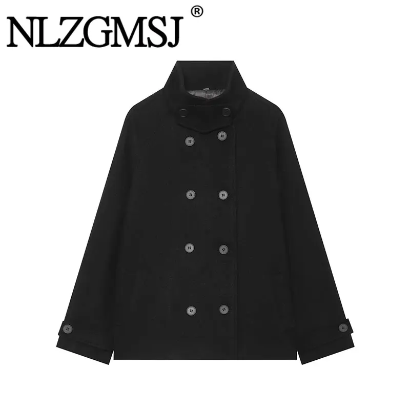 NLZGMSJ Vintage Women Jackets Solid Stand Collar Double Breasted Long Sleeve Coat Fashion 2026 Autumn Outwear