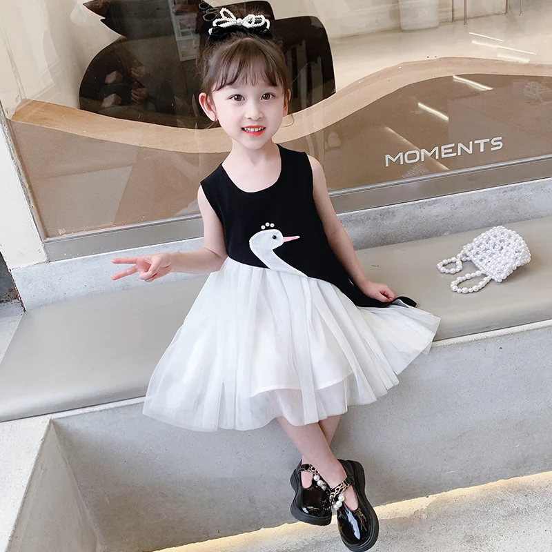 

Summer mesh girl's dress white swan logo 2022 factory new cheap stitching children's long skirt breathable baby princess dress