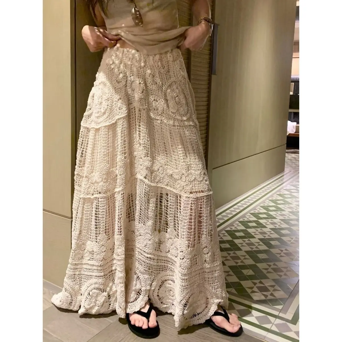 2026 Wool Gentle Heavy Industry Handmade Retro French Crochet Hollow Design Elastic Knitted Skirt A-shaped Skirt
