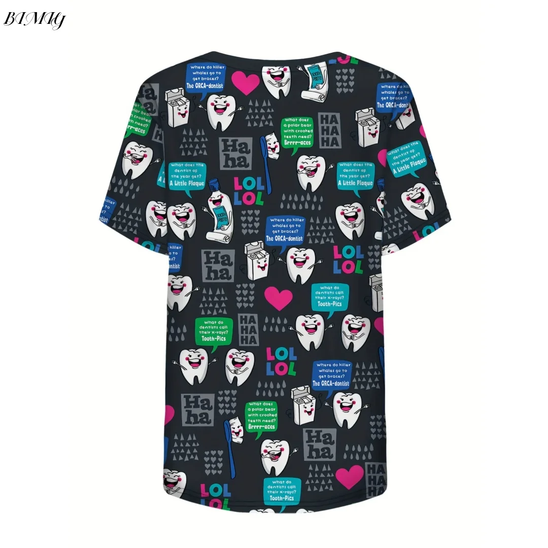 Uniforme de asistente dental para mujer, camiseta de manga corta con cuello en V y estampado 3D de dientes de dibujos animados con bolsillos funcionales, ropa de trabajo de verano