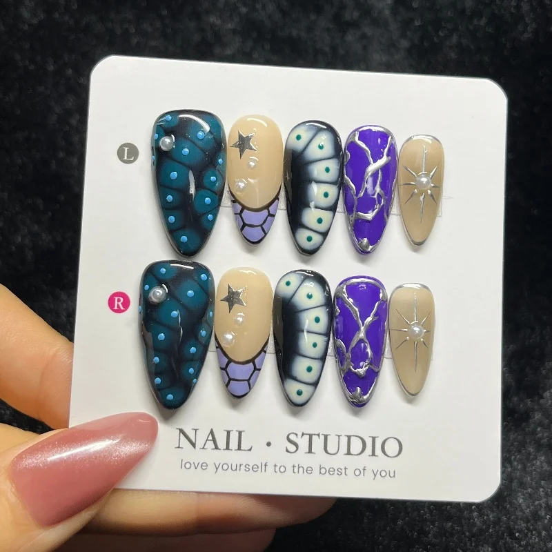 

10PCS Sweet Cool Almond Press on Nails Purple Pattern French Handmade Metallic Silver Lines Star with Pearl Wearable False Nails