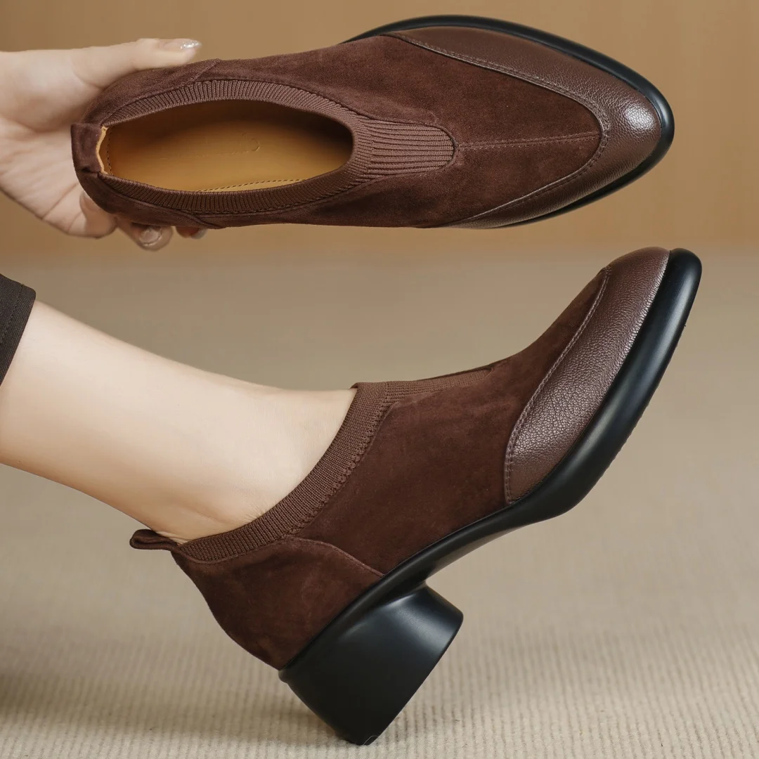 

Women's sheepskin patchwork round toe slip-on pumps 5cm thick med heel platform slip-on casual female OL style daily shoes woman