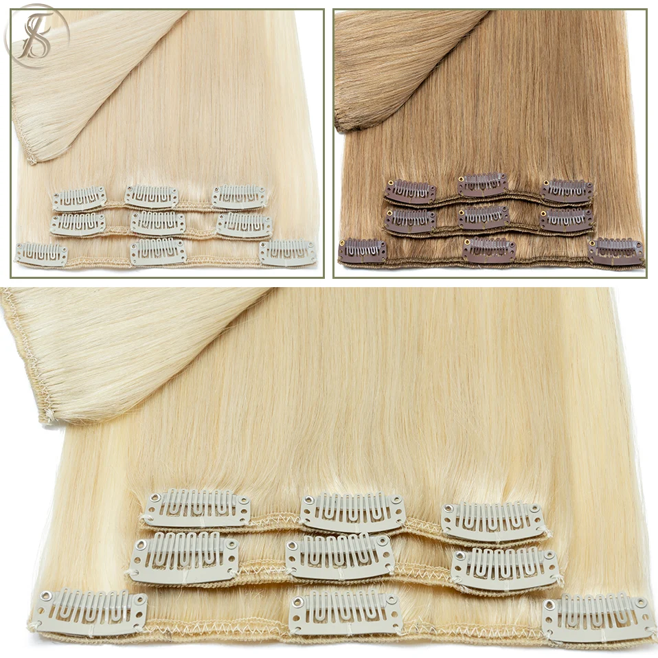 TESS 7Pcs/Set Human Hair Clip In Hair Extensions Natural Extension 14\