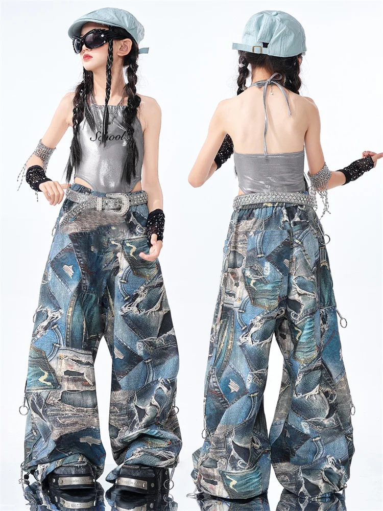 Ropa de Hip Hop para niñas, traje de baile callejero de Jazz para niños, chaleco plateado con entrepierna, pantalones de cimitarra azul, traje de actuación infantil