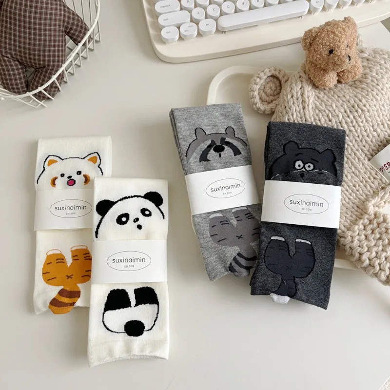 

4 Pairs Cute Spring and Autumn Cartoon Raccoon Mid Tube Cotton Socks Kawai White Socks Casual Fashion High Socks High Quality