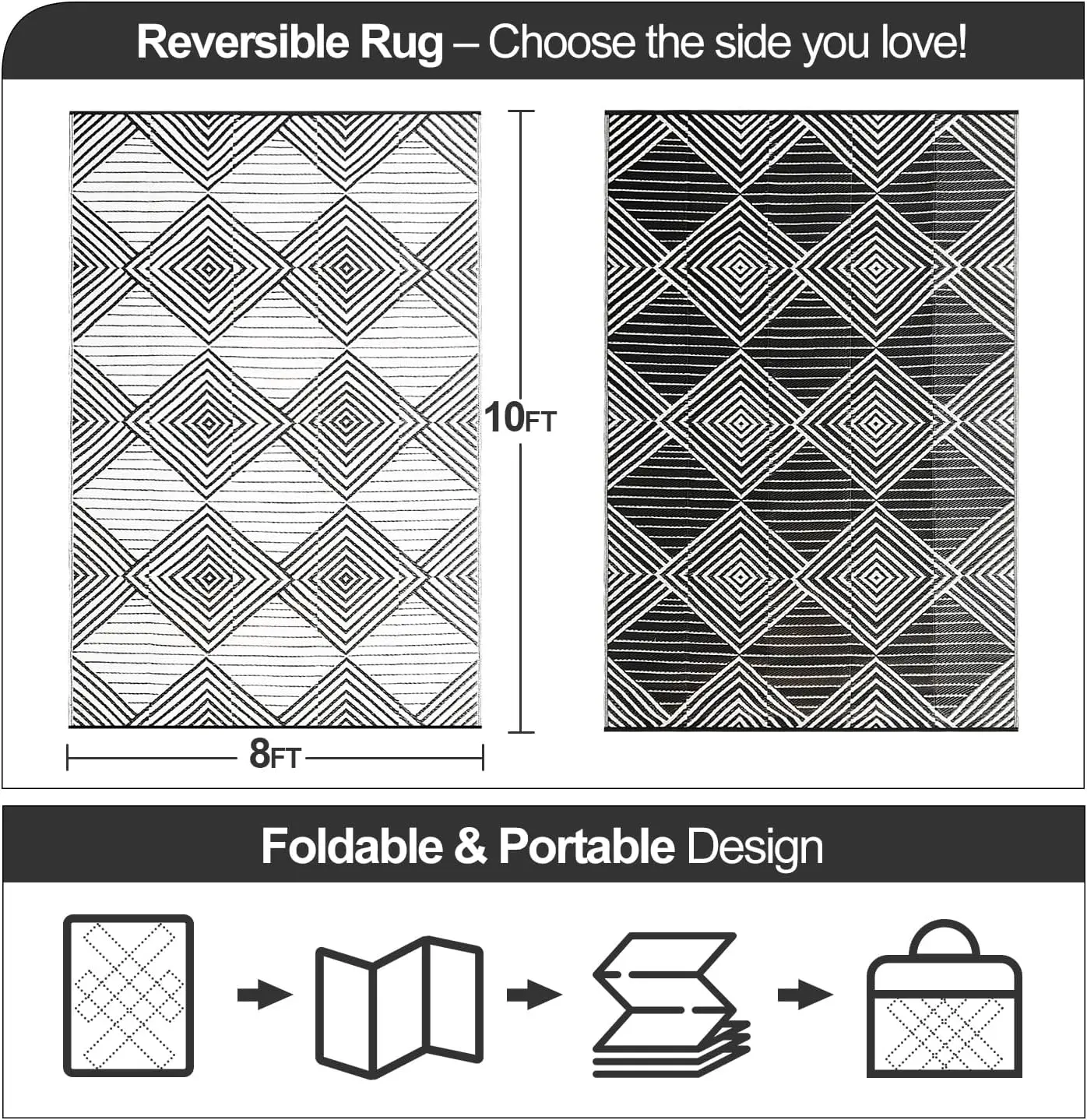 Waterproof Outdoor Rug 8x10ft, Foldable Reversible Plastic Straw Mat for Patio RV Deck Indoor Outdoor Carpet,Black&White
