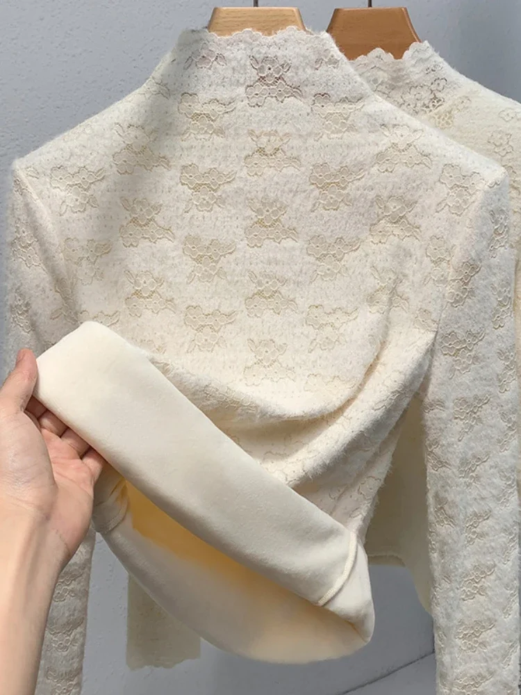 

Французская романтическая кружевная футболка с длинным рукавом, базовая рубашка, женская утолщенная теплая эластичная футболка с высоким воротом, большой топ, женский топ Y2k
