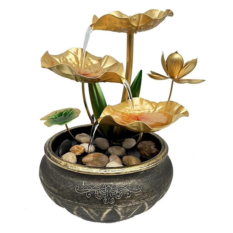 

Desktop Decor Fountain, Waterfall Fountain 3-Tier Golden Lotus Leaf Flowing Water Fountain,With Vintage Base & Stones