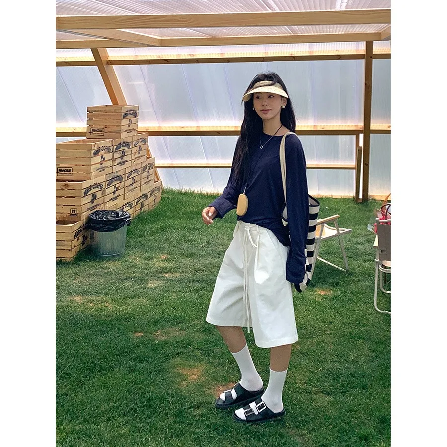 Classic High Waist Wide Leg Jeans orts Women's Summer Loose Feel Pants with Waist Bag Korean Sle Polyester Cotton Blend