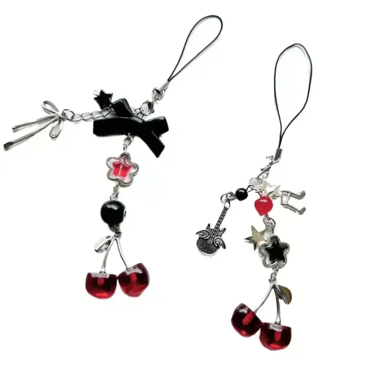 1 Piece Charms Red Cherry Bow Phone Chain Key Ring Y2K Bag Pendant Keychain Accessory Girlfriend Gift view 5