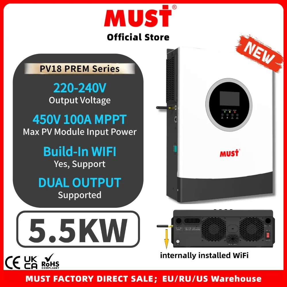 MUST 24V 48V 3.5KW 5.5KW Solar Hybrid Inverter PV1800 PREM Series MPPT 450V 100A Charge Controller with WIFI Inside All-In-One