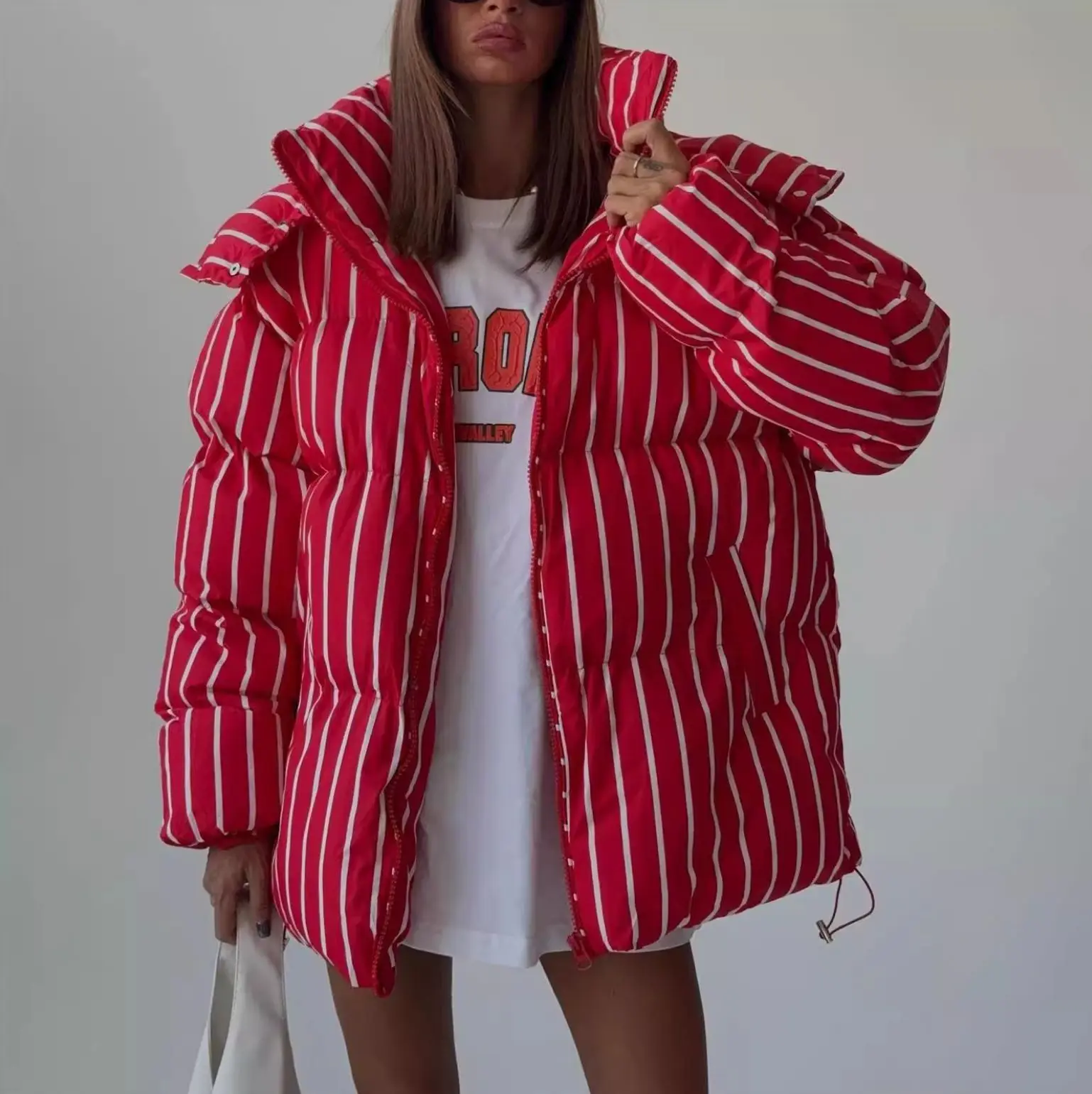 BB Winter Women Striped Hooded Cotton Jacket Long Sleeve Stand Zipper Buttons Thickening Padded Jackets Casual Office Lady Coat