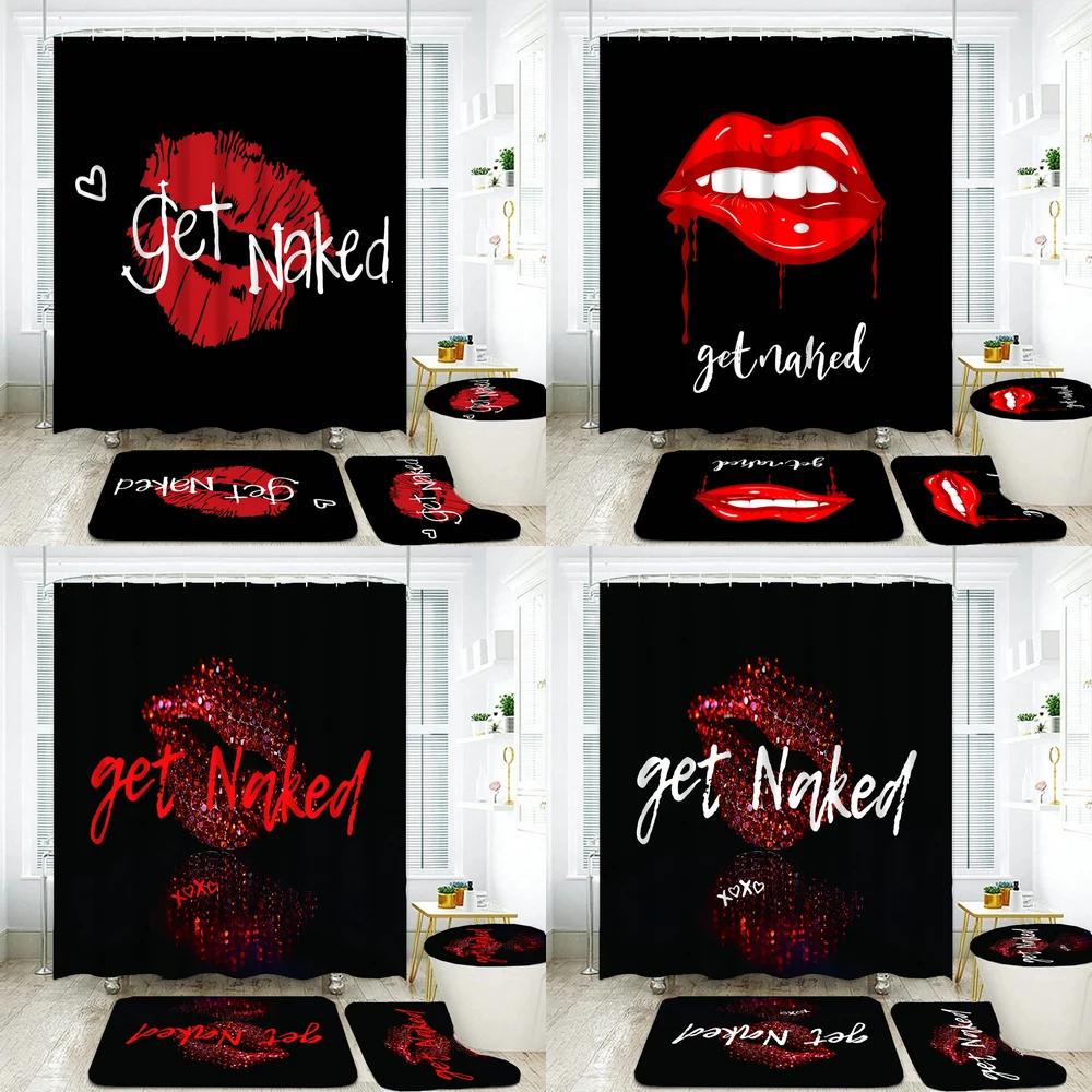 Get Naked Pattern Bathroom Curtain Set Sexy Red lips Print Shower Curtains Bath Mats Pedestal Rugs Toilet Cover Non-slip Carpet